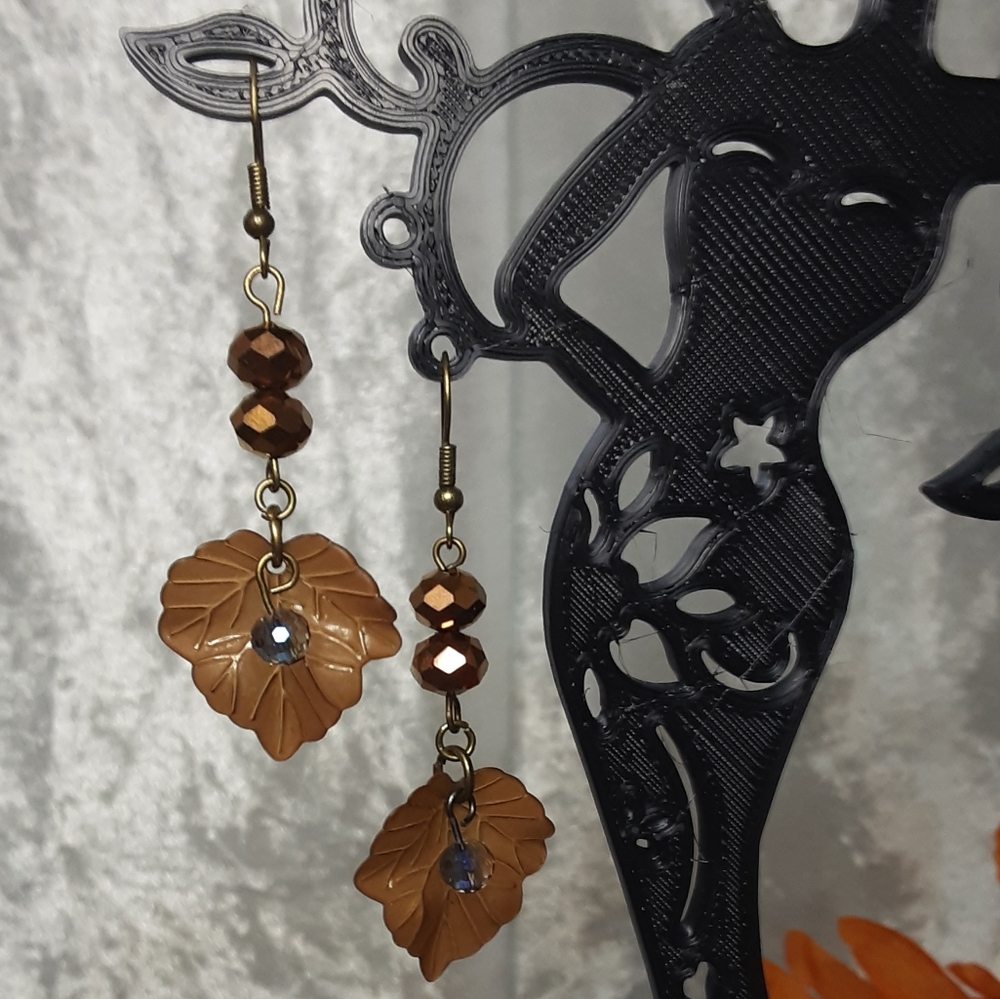Handmade Leaf And Crystal Autumn Earrings Brown